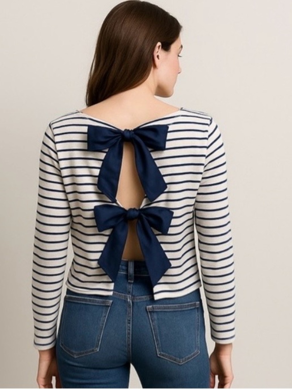 J. Crew NWT Nautical Blue White Stripe  Cotton Long Sleeve Bow Back Top cardi S
